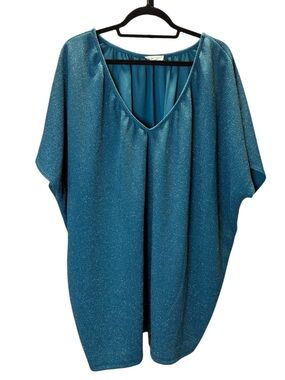 Be Stage Metallic Teal V-Neck Tunic Top